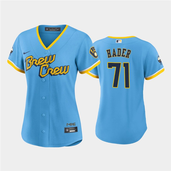 Women's Milwaukee Brewers #71 Josh Hader Powder Blue 2022 City Connect Cool Base Stitched Jersey(Run Small)